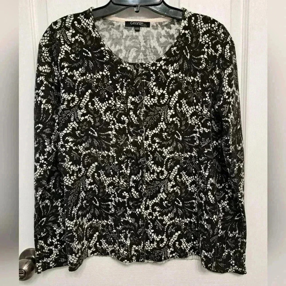 George Sweater Black and White Print Cardigan Medium Crewneck Button Front - Picture 9 of 11